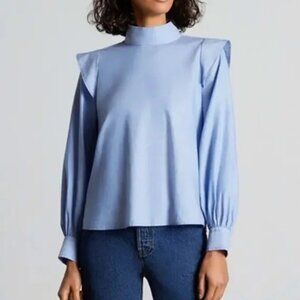 Everlane The Wing Shoulder Mockneck Long Sleeve Blouse Top Blue 0